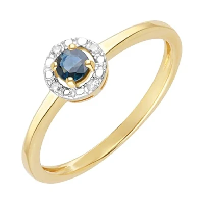 Image of Ivy Gems 9ct Yellow Gold Round Cut Midnight Blue Sapphire &amp; Diamond Solitaire Halo Ring Size O