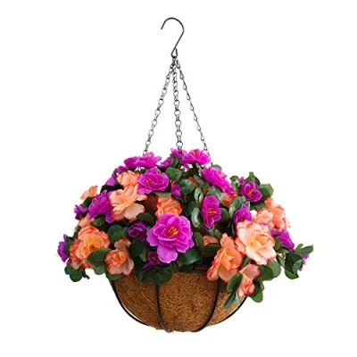 Image of Indoors and Outdoors Silk Flowers Chain Hanging Basket Flowerpot Fake Flower DIY Artificial Azalea Champagne Purple (Medium Basket)