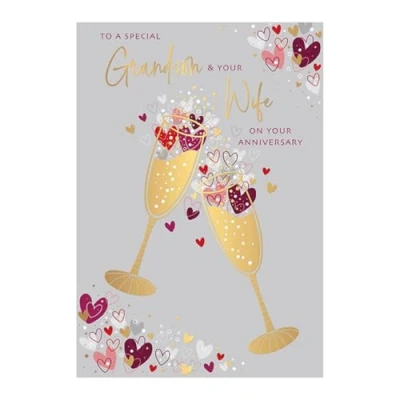 Image of Grandson and Your Wife Anniversary Card Love Hearts Romantic Design Special Finish Illustrated Insert Leaf Made in the UK Eco Friendly