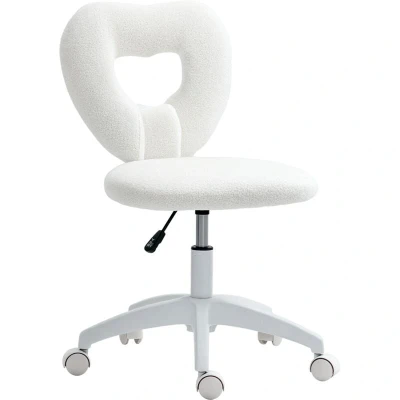 Image of HOMCOM Armless Heart Computer Desk Chair, Teddy Fleece Swivel Office Makeup Vanity Chair with Height Adjustable, Wheels, for Home Study Bedroom, White