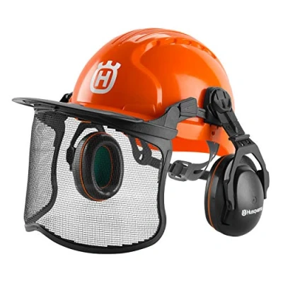 Image of Husqvarna 592752602 Chainsaw Helmet with Metal Mesh Face Shield, Adjustable Ear Muffs for Hearing Protection, and Sun Peak, HDPE Forestry Shell, Orange