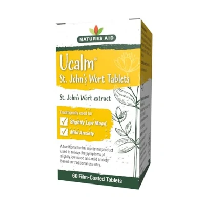 Image of Natures Aid Ucalm St John&#039;s Wort, Relief of Symptoms Slightly Low Mood and Mild Anxiety, Vegan, 60 Tablets