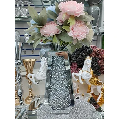 Image of Biznest Large 40Cm Sparkle Diamond Crushed Crystal Sparkly Silver Mirrored Floor Vase Cuffin Shape