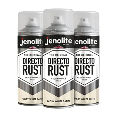 Image of JENOLITE Directorust Spray Paint Satin Finish IVORY WHITE 3 x 400ml Direct To Rust for Metal All In One Multi Surface Metal, Wood, Plastic, Ceramic RAL 1013
