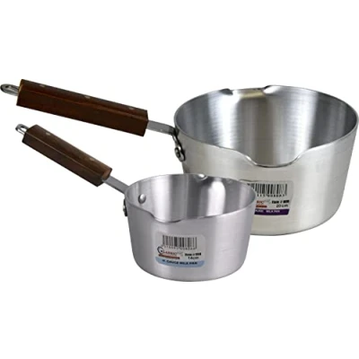 Image of Sterling Ventures Klassic Combo Aluminium Cooking Saucepan Milk Pan with Heavy Gauge Wooden Handle (14cm &amp; 20cm), Silver