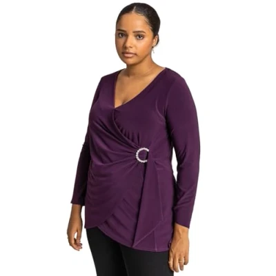 Image of Roman Curve Womens Wrap Diamante Buckle Top Purple Size UK 30 32