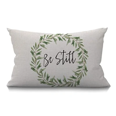 Image of BGBDEIA Rustic Be Still Cushion Cover Farmhouse Green Olive Wreath leaves Decorations Pillow Case for Sofa Couch Cotton Linen 30 x 50 cm 12x20 Inches