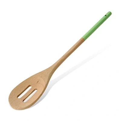 Image of Tasty Wooden Slotted Serving Spoon, Spoon Ladle with Green Handle, Cooking for Food, Kitchen Utensil, Dimensions: 30x5.5cm, Colours: Light Brown and