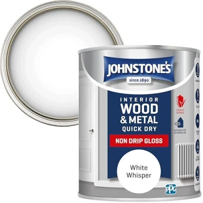 Image of Johnstone&#039;s Quick Dry Gloss White Whisper Finish Water Based Interior Wood &amp; Metal Radiator Paint Low Odour in 1 2 Hours 8m2 Coverage per Litre 0.75 L