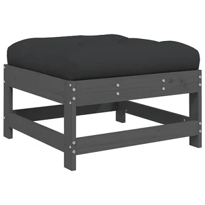 Image of vidaXL Grey Garden Footstool Solid Pinewood Outdoor Footrest with Comfortable Black Cushion Perfect for Patio and Lounge