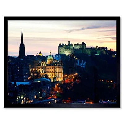 Image of Wee Blue Coo Photo Cityscape Skyline Edinburgh Castle Sunset Dusk Art Print Framed Poster Wall Decor 12X16 Inch