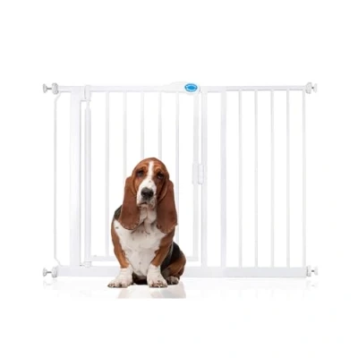 Image of Bettacare Auto Close Pet Gate, 111cm 118cm, White, Pressure Fit Stair Gate for Dog &amp; Puppy, Safety Barrier Doors Hallways and Spaces, Easy Installation