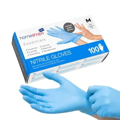 Image of HOMESHOPA Disposable Nitrile Examination Gloves, Blue 100 Pack, Medium, Powder Free, Latex Medical Grade, Food Safe, Multipurpose, Non Sterile Protective Extra Strong Surgical Gloves