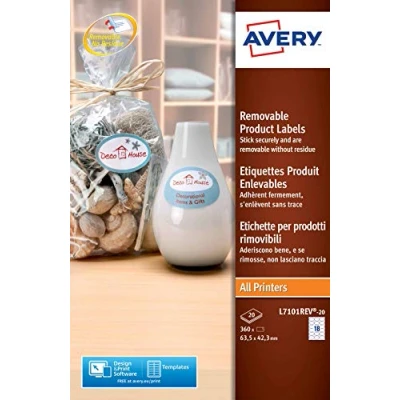 Image of Avery L7101REV 20 Printable Removable Oval Labels, 18 Labels Per A4 Sheet, 63.5 x 42.3mm