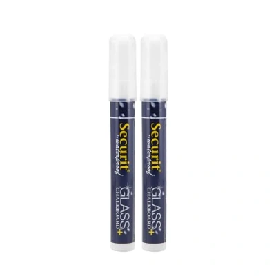 Image of Securit Waterproof Glass &amp; Chalkboard Markers Pack of 2 Liquid Chalk Pens with 6mm Nib Use on Blackboards, Glass, Metal, Plastic and More! (White)