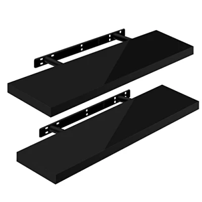 Image of WOLTU High Gloss Floating Shelves,Set of 2 Wall Shelf,CD DVD Storage Corner Shelf, Premium Wooden Shelves for Bedroom LivingRoom kitchen 80x22.9x3.8cm, Black, RG9480sz