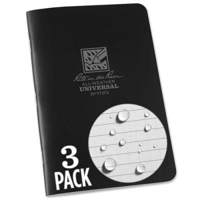 Image of Rite In The Rain Waterproof Paper Notepad Staple Bound Pack of 3 Flex Cover Black 48 pages 24 sheets Saddle Stitch Binding Imperial and Metric Rulers, 4⅝ X 7 Inch