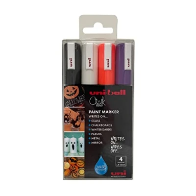 Image of uni ball PWE 5M Liquid Chalk Pens. Multi Purpose Wipeable Coloured Markers for Blackboards, Chalkboards, Whiteboards, Glass, Mirrors, Plastic, Windows, Metal. Halloween Tones. Bullet Tip 5mm. 4 Pack