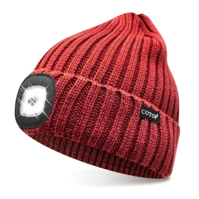 Image of COTOP LED Beanie with Light,USB Rechargeable Hat Hands Free 4 Headlamp Cap Winter Knitted Night Lighted Flashlight Women Men Gifts for Dad Him Husband (Red)