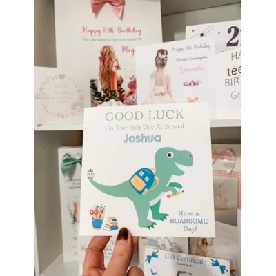 Image of Personalised Boys Good Luck First Day at School Card Dinosaur