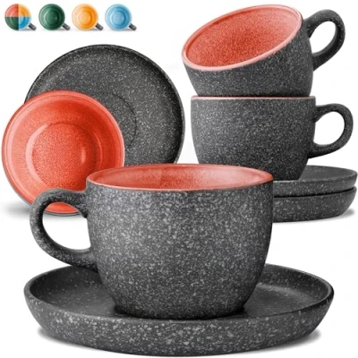 Image of Cosumy Cappuccino Cups and Saucers Set of 4 200ml Ceramic Coffee Cups, 𝗘𝘅𝘁𝗿𝗮 𝗧𝗵𝗶𝗰𝗸 Stoneware Handmade Reactive Glaze Keeps Warm Longer (Red)
