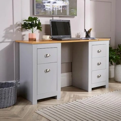 Image of Home Source Office Computer Desk, Dressing Table, 4 Drawers, 1 Cupboard, Oak Effect top, Grey