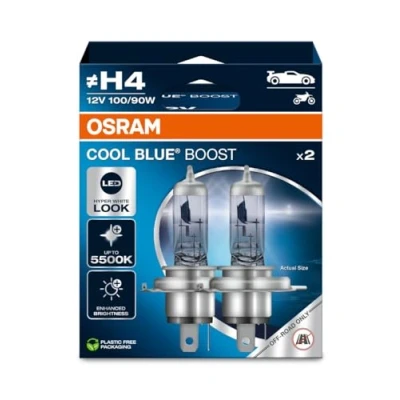 Image of OSRAM COOL BLUE® BOOST, H4, halogen headlight lamps, up to 5500K, Hanging folding box (2 lamps), offroad use only