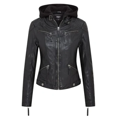 Image of Infinity Leather Womens Hooded Classic Biker Jacket Brazzaville Black Size 18 UK