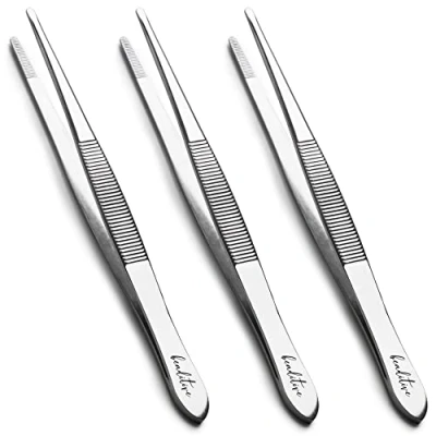 Image of Beaditive T 005 5.5 inch Sewing Machine Tweezers Set (3 pc) Serrated Straight Tips Professional Grade, High Precision Stainless Steel