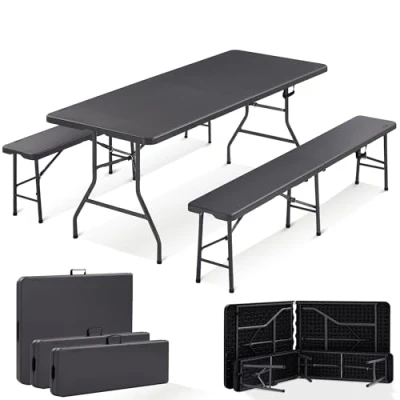 Image of Arebos beer bench set 3 piece table + 2 x marquee for indoors outdoors foldable &amp; with carrying handle camping anthracite