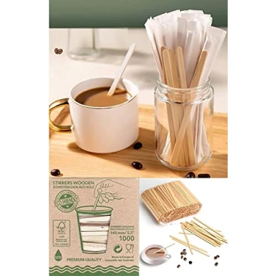 Image of 1000 X Wooden Stirrers for Hot Drinks 5.5 Inches Coffee Tea Disposable Stirring Sticks