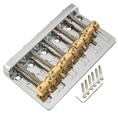 Image of Musiclily Pro 17mm 5 String Bass Bridge with Brass Saddles Steel Plate for Precision Jazz Bass, Chrome