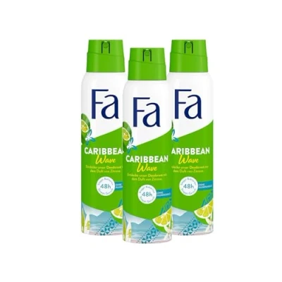 Image of Fa Caribbean Wave Deodorant Spray (3 x 150 ml), with the Exotic Fresh Fragrance of Lemon, without Aluminium for up to 48 Hours Protection, Leaves No Residue on