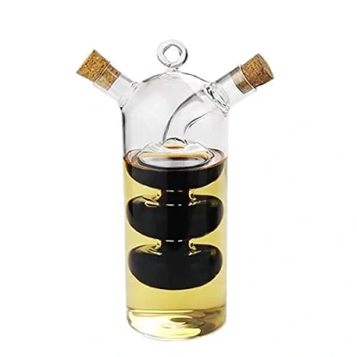 Image of Yiyer 2 in 1 Oil &amp; Vinegar Dispenser Cruet Bottle with Cork Stoppers, Clear Glass Kitchen Supplies, Gourd Shape