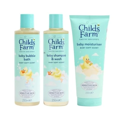 Image of Childs Farm Baby Regime Bundle Bubble Bath (250ml), Shampoo &amp; Body Wash (250ml) and Moisturiser (200ml) Soft Scent Suitable for Newborns with Sensitive, Dry, Itchy Eczema Prone Skin