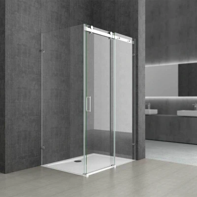 Image of Durovin Bathrooms 1050 x 750mm L Shape Rectangular Frameless Shower Enclosure Sliding Door 8mm Safety Clear Glass