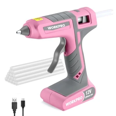 Image of WORKPRO Cordless Glue Gun 12V, Rechargeable Fast Preheating Hot Kit with 15pcs Full Size Sticks(11x200mm) Battery Powered for DIY Project, Art, Craft Pink