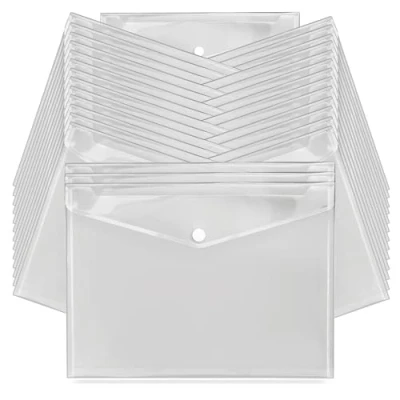 Image of G4GADGET A4 Clear Plastic Wallets Pack of Popper Document Folders with Label Pocket &amp; Snap Button Transparent Envelope for Home, Office, School Travel (30)