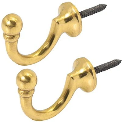 Image of 2x Large Polished Brass Curtain Tie Backs 50mm Ball End Screw In Metal Hooks