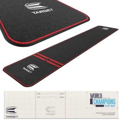 Image of TARGET Darts World Champion Mat Black and Red Dart Oche with Soft Tip Steel Throw Line Distances Non Slip Carpet Mats for Floor Tips Protection Accessories UK