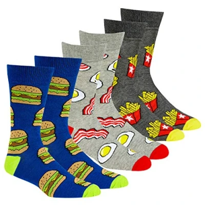 Image of 3 Pairs Mens Crew Socks Mid Calf Funky Colorful Funny Cotton Food Hot Dog Size 6 11