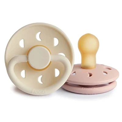 Image of FRIGG Moon Phase Latex Pacifier Pack of 2 Natural Rubber Soother Dummy BPA Free Made in Denmark Symmetrical Cherry Shaped Nipple (Blush/Cream, Size 1 (0 6 Months))