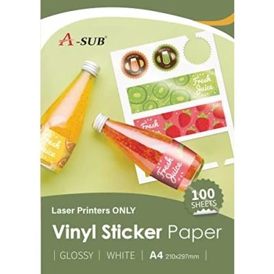Image of A SUB White Glossy Premium Waterproof Printable Vinyl Sticker Paper, Self Adhesive Labels for Laser Printers, A4 Size, 100 Sheets