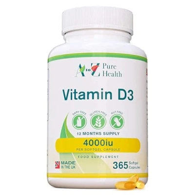 Image of Vitamin D3 4000iu 1 Year Supply Premium High Strength Supplement 365 Easy to Swallow Softgel Capsule One a Day, Supports Healthy Bones, Teeth, Muscle and Immune System UK Made