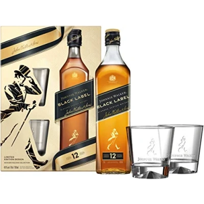 Image of Johnnie Walker Black Label 12 Years Old Blended Scotch Whisky 70cl with Gift Box Including Two Tumblers
