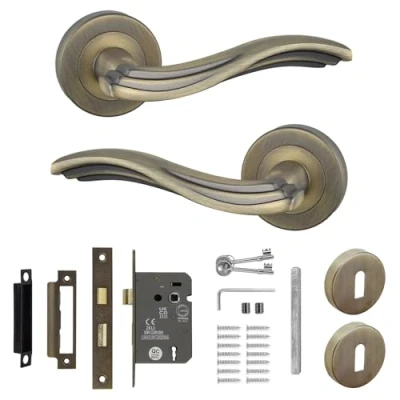 Image of Decoranddecor Solace Antique Brass Privacy Door Aluminium Lever Handles Sash Lock Kit Set