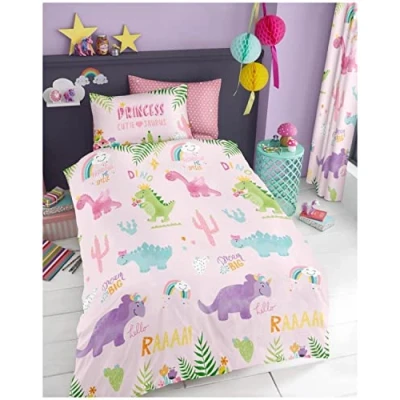 Image of GC GAVENO CAVAILIA Kids Dinosaur Duvet Cover Single Bed Set With Pillow Case, Easy Care Reversible Animal Bedding, Pink