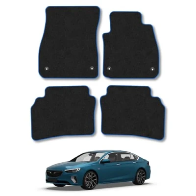 Image of Car Mats Compatible with Vauxhall Insignia (2017+) Tailored Fit Blue Trimmed Carpet Floor Mat Set Accessory Black Custom Fitted 4 Pieces Clips Anti Slip Backing &amp; Trim Edging