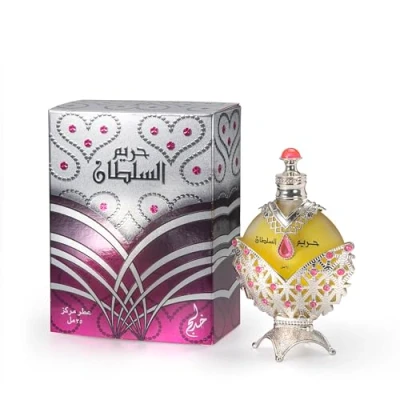 Image of KHADLAJ PERFUMES Hareem Al Sultan Silver Perfumed Oil Alcohol Free Long Lasting Fragrance For Sensitive Skin Bergamot, Rose, and Sandalwood, 35 mL