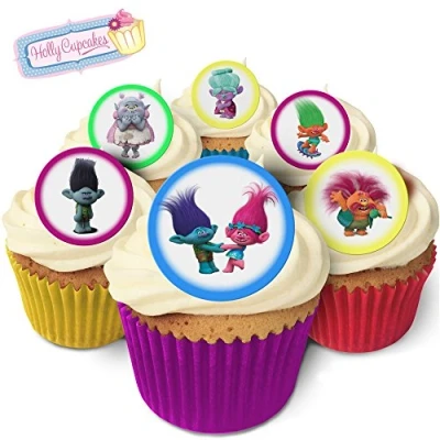 Image of Holly Cupcakes 24 Fabulous Edible Cake Toppers: Trolls, Topper, 12 18 Months Shelf Life, Sugar Free, Vegetarian, 45mm Disc, UK Made